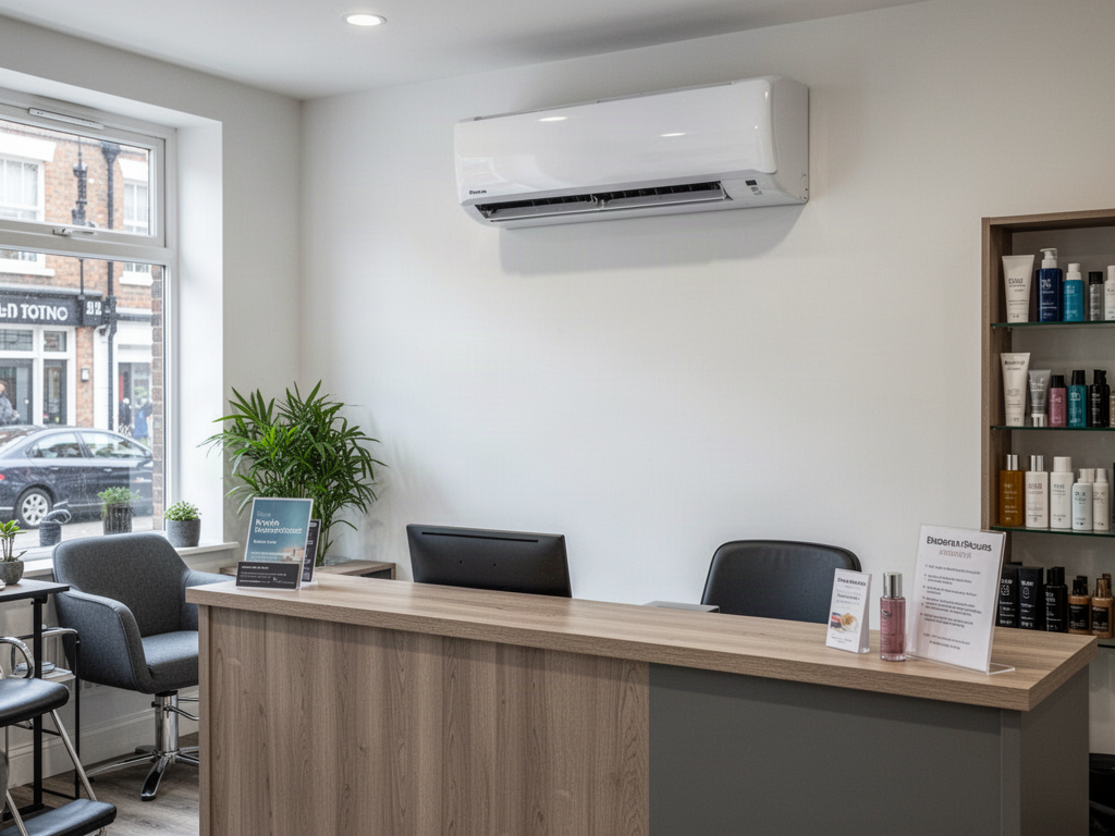 Small UK commercial premises with a wall mounted split air conditioning unit
