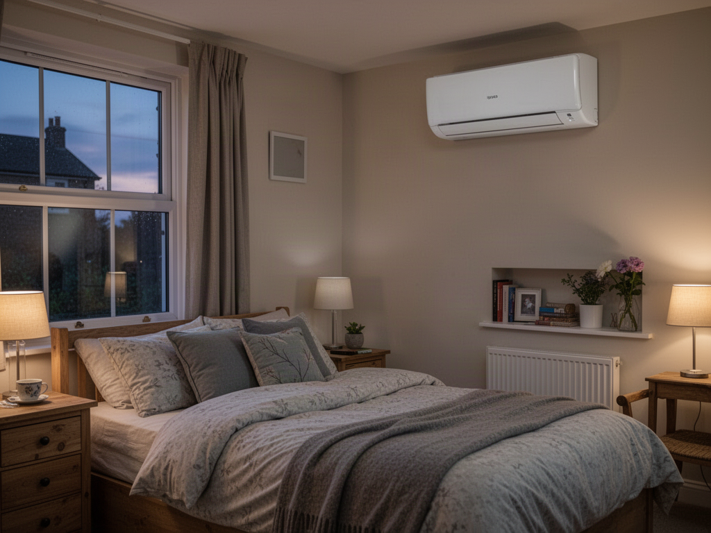 British bedroom with a discreet wall mounted air conditioning unit positioned away from the bed