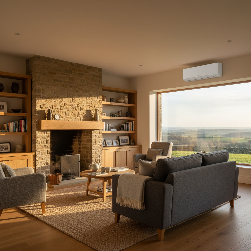 British living room with a discreet wall mounted air conditioning unit
