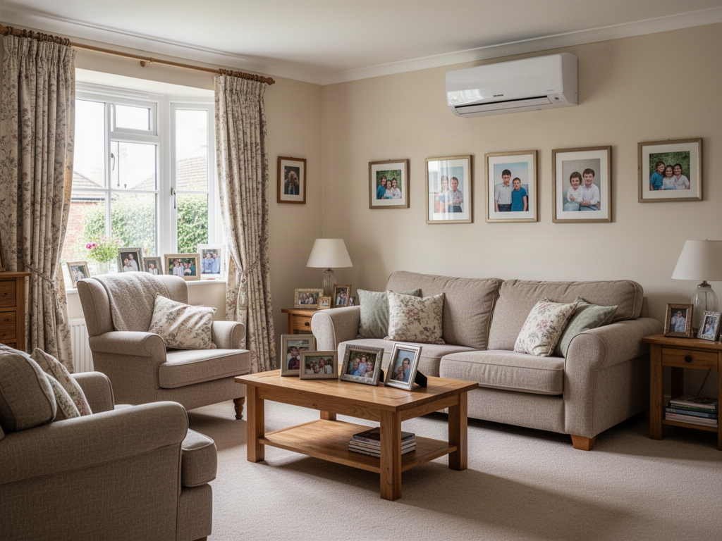 Lived-in British family living room with a visible wall mounted air conditioning unit